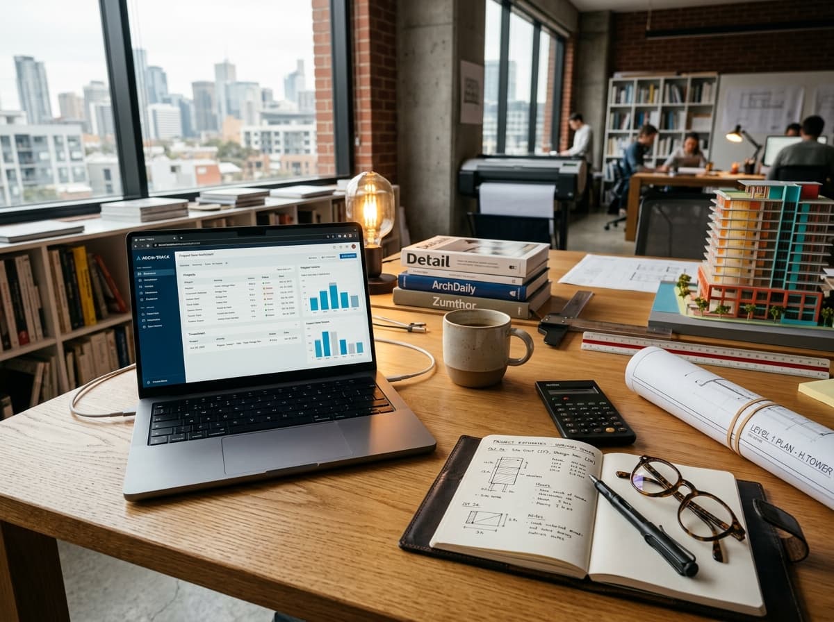 Laptop aberto com sistema de timesheet e controle de horas ao lado de café e plantas