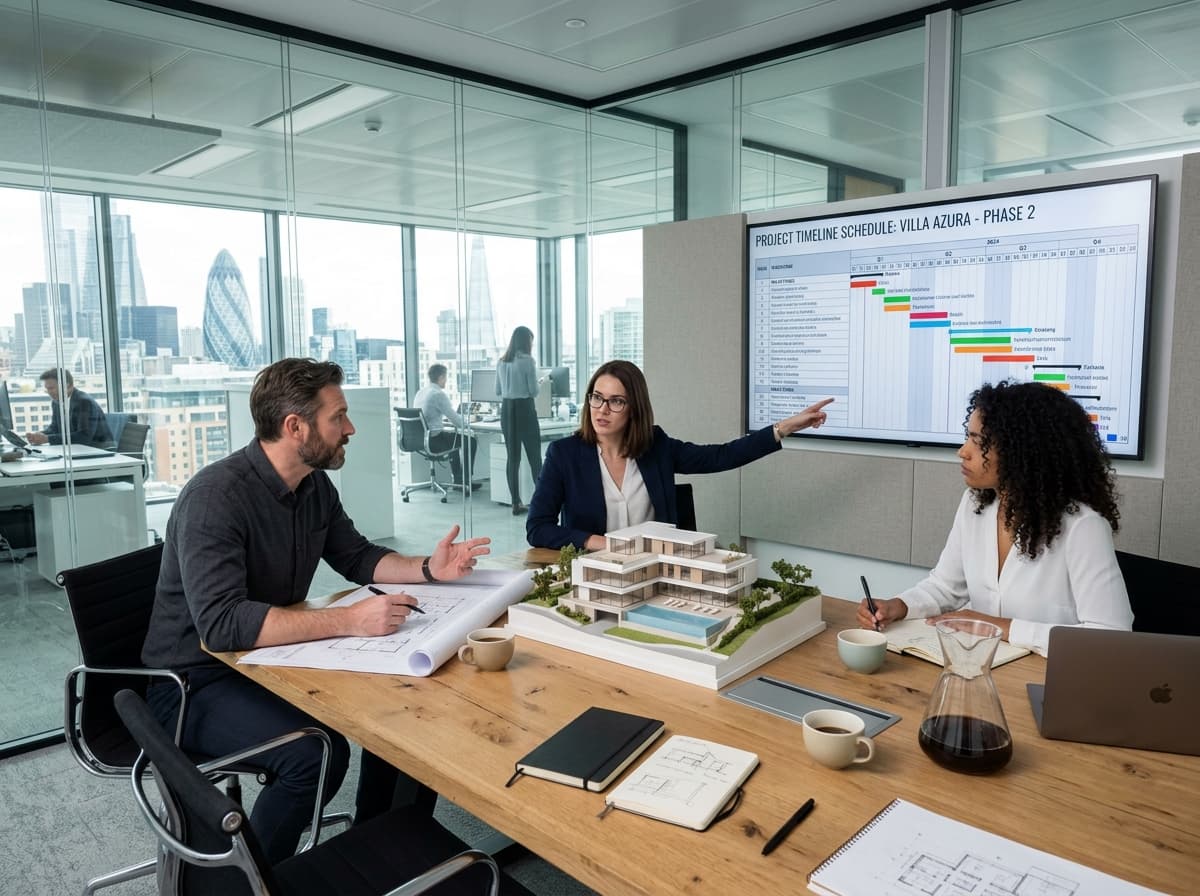 Reunião de equipe de arquitetura alinhando cronograma e entregas em tela digital