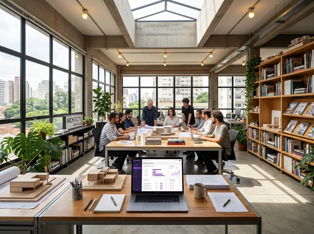 Estúdio de arquitetura contemporâneo amplo e luminoso com equipe organizada