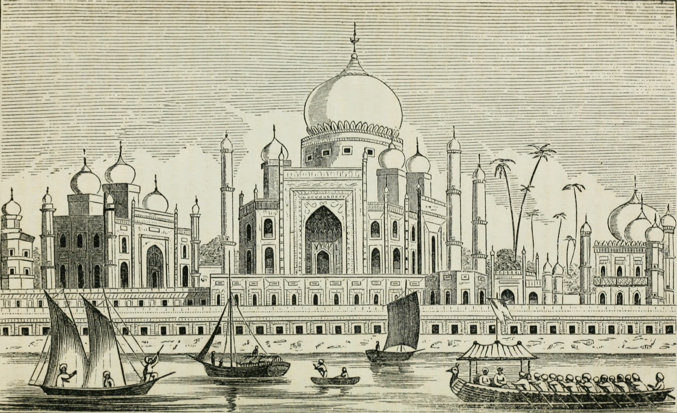 Vista ampla dos jardins charbagh e reflexo do Taj Mahal