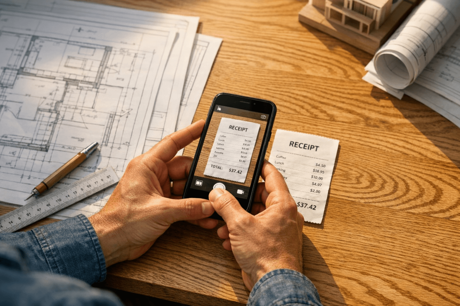 Arquiteto digitalizando comprovante de despesa no escritório