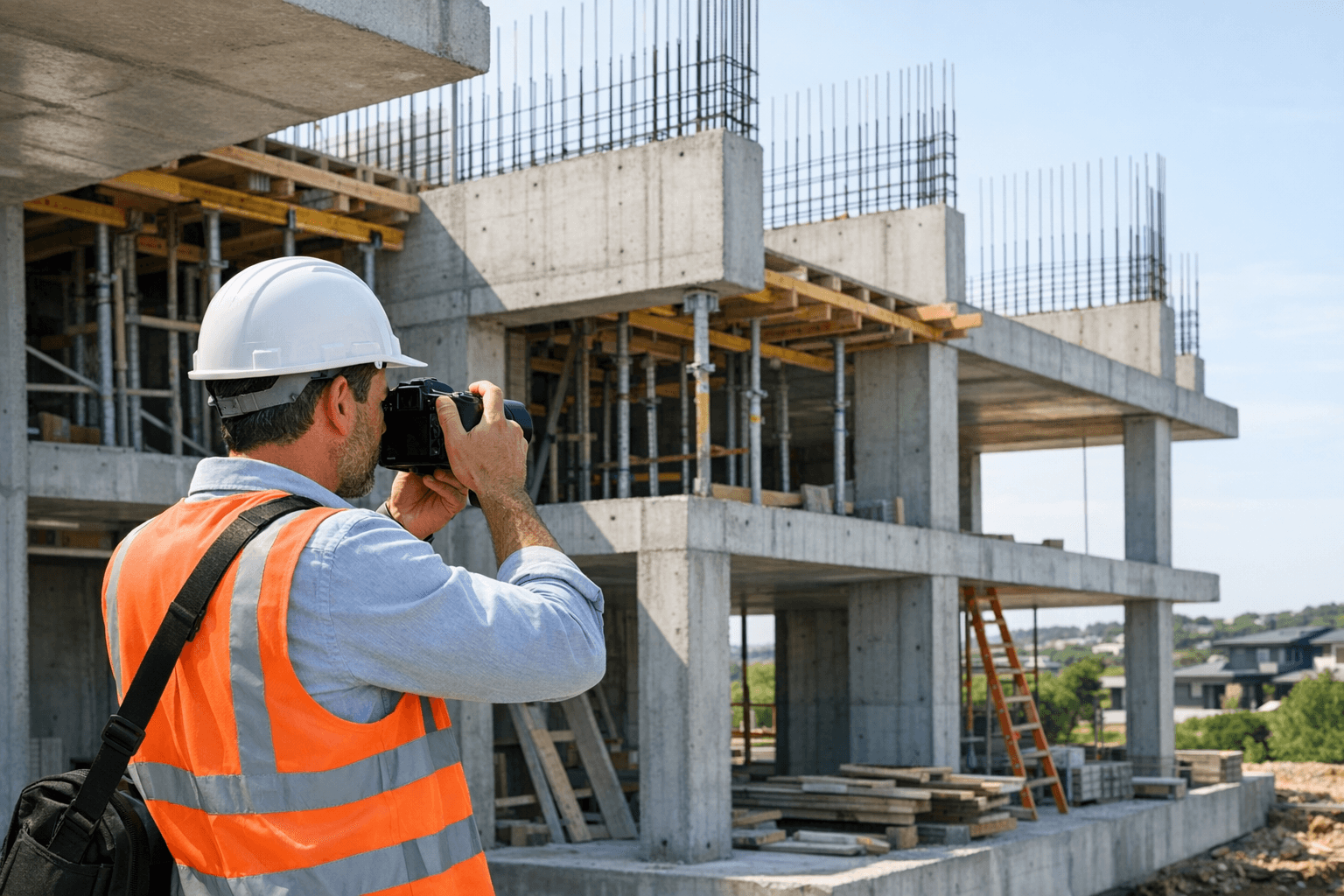 Arquiteto realizando visita técnica em canteiro de obras