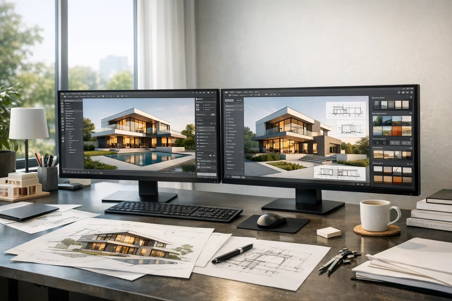 Estação de trabalho moderna de arquitetura com telas exibindo renderização 3D de alta fidelidade e interface de inteligência artificial