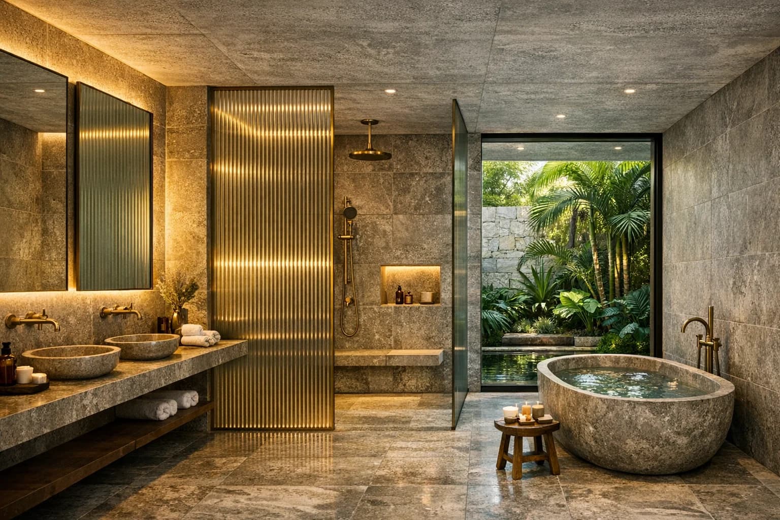 Detalhe de banheiro contemporâneo em pedra natural e iluminação linear aconchegante