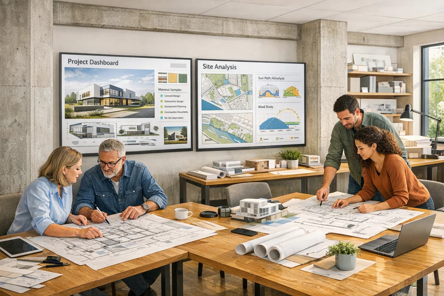 Equipe de arquitetos em estúdio sofisticado colaborando em projetos com alta produtividade e gestão integrada