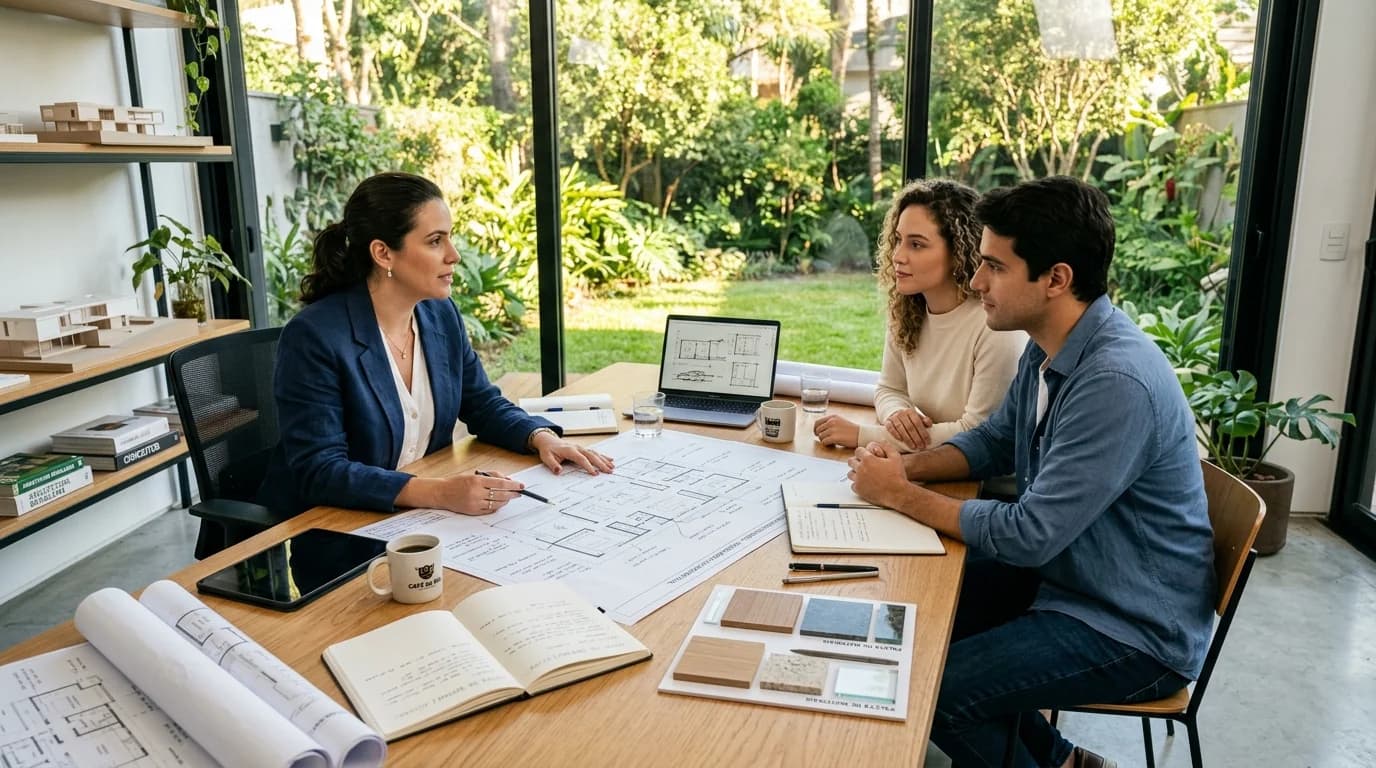 Reunião consultiva de alinhamento de briefing entre arquiteto e clientes
