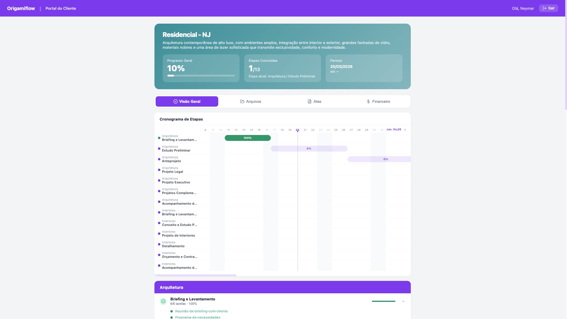 Portal do Cliente dedicado para acompanhamento de etapas e aprovações no OrigamiFlow.