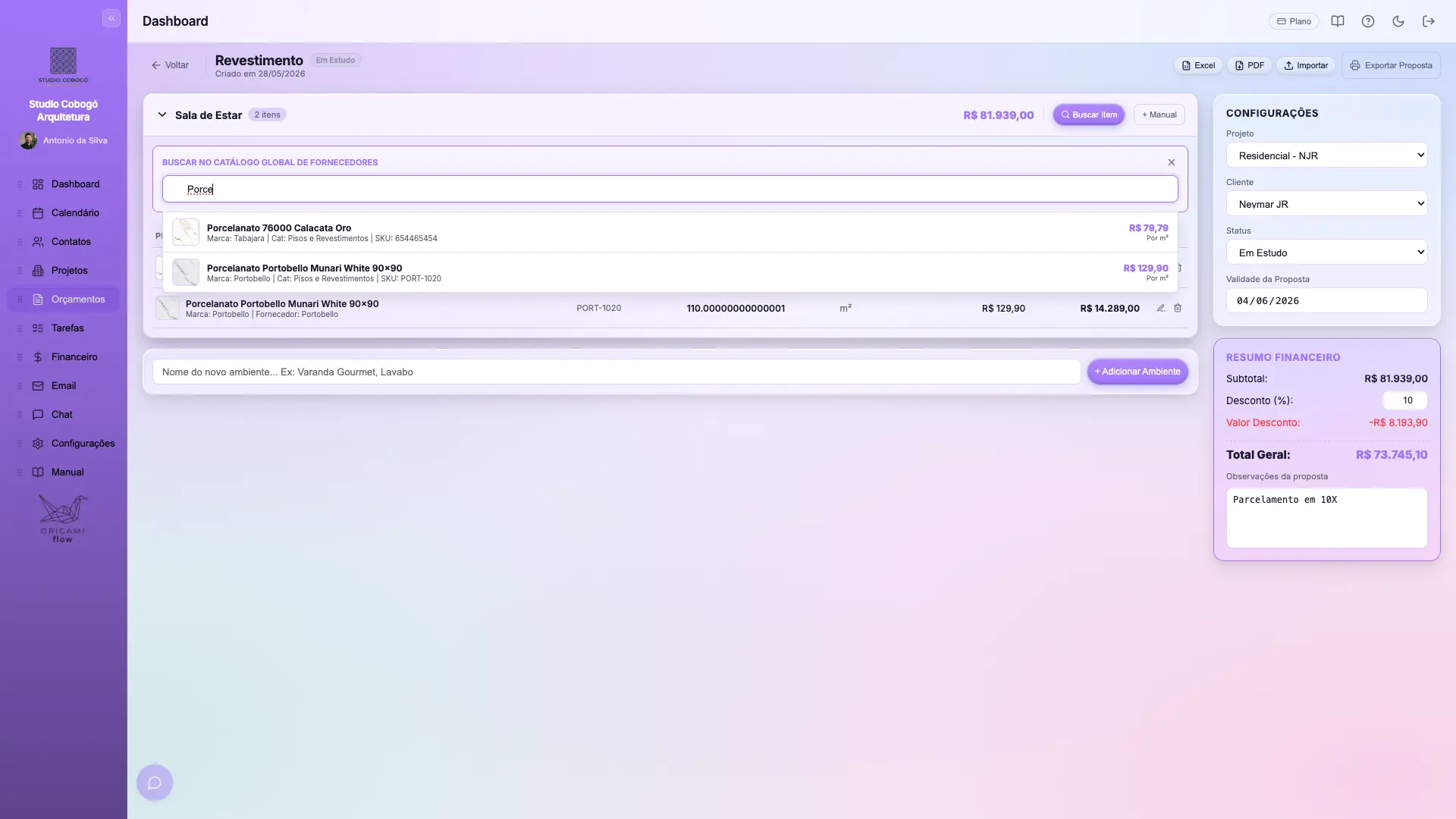 Catálogo global de fornecedores e integração de especificações nos orçamentos de projetos no OrigamiFlow.
