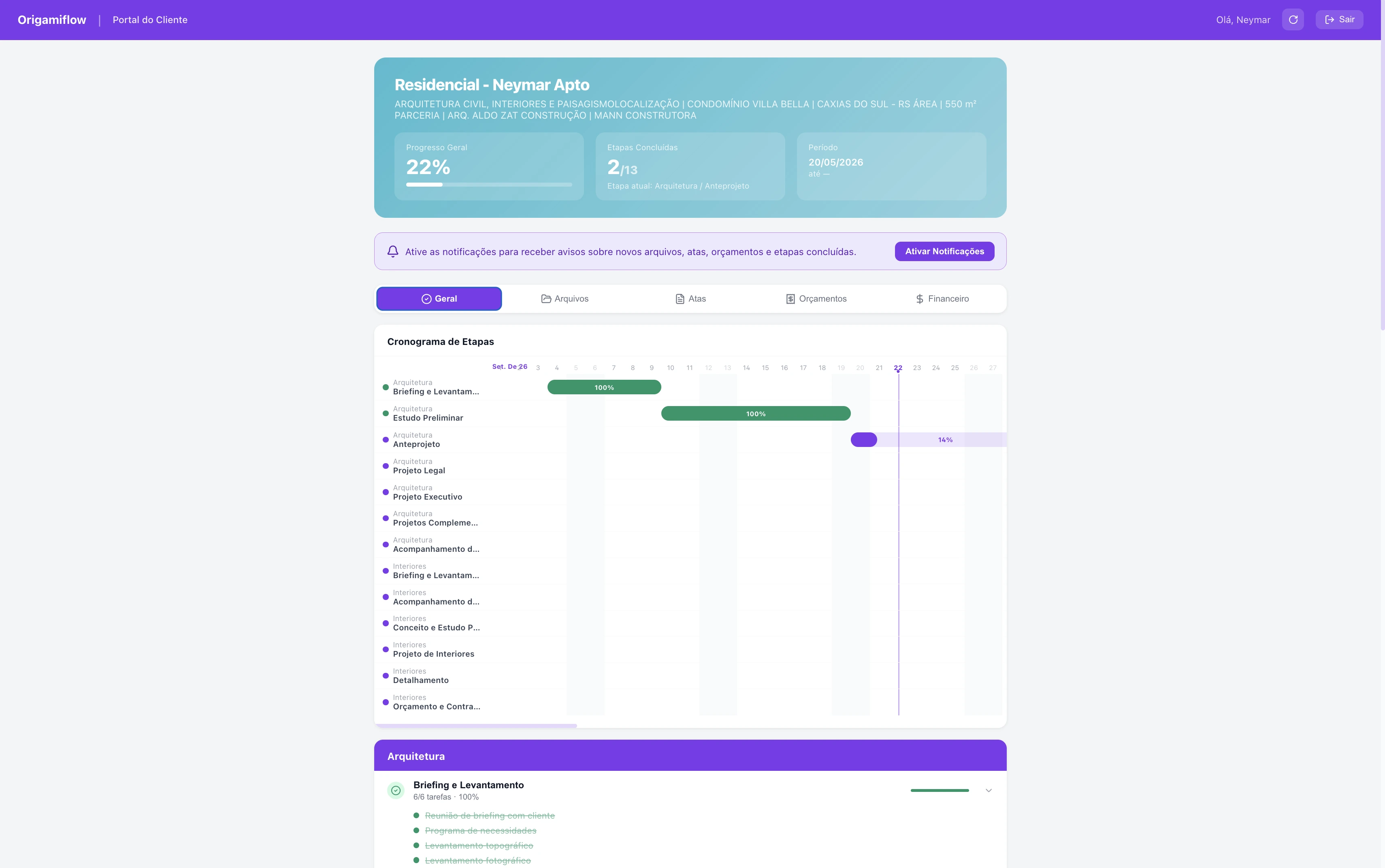 Tela Portal do Cliente — Andamento do OrigamiFlow