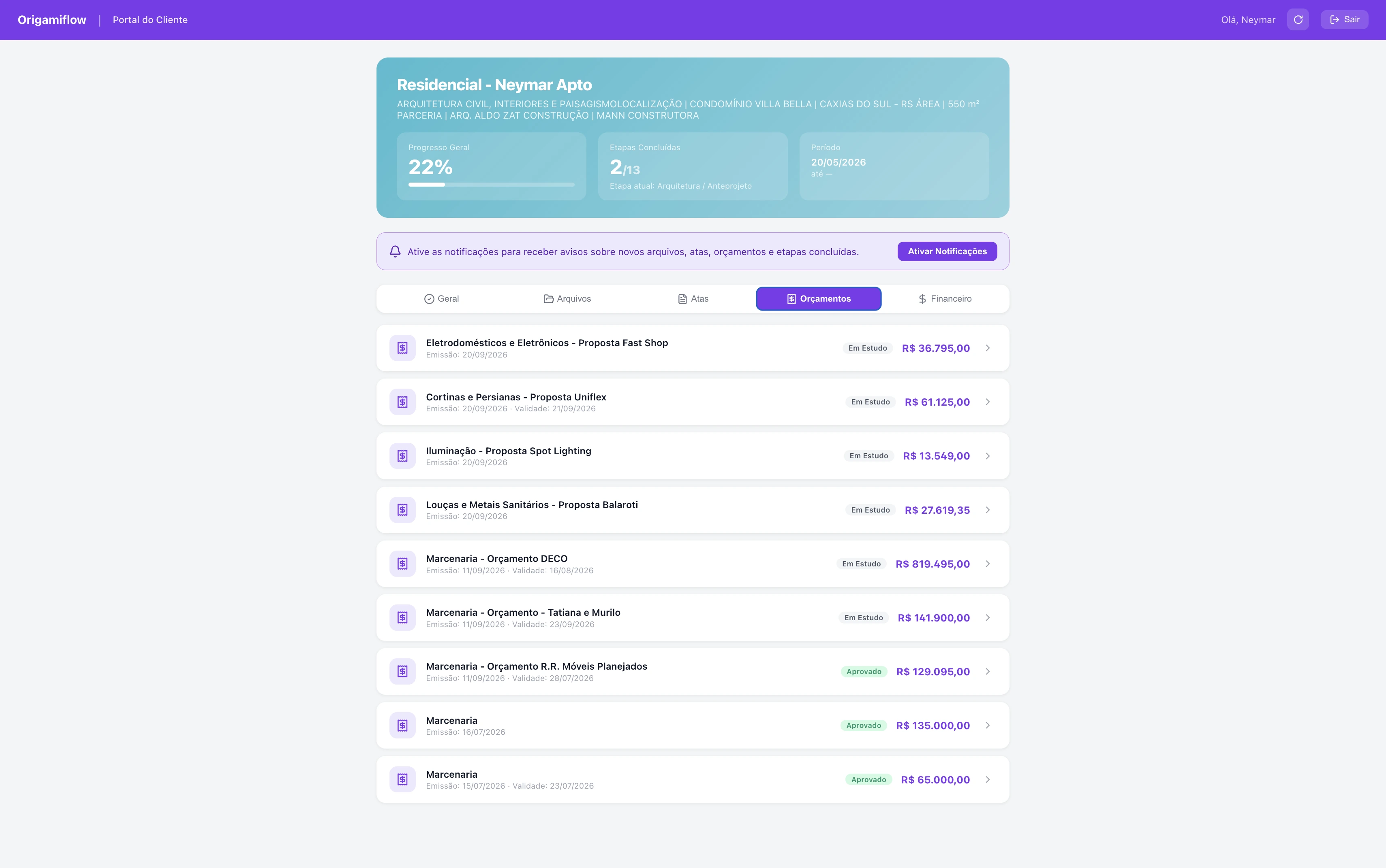 Tela Portal do Cliente — Orçamentos do OrigamiFlow