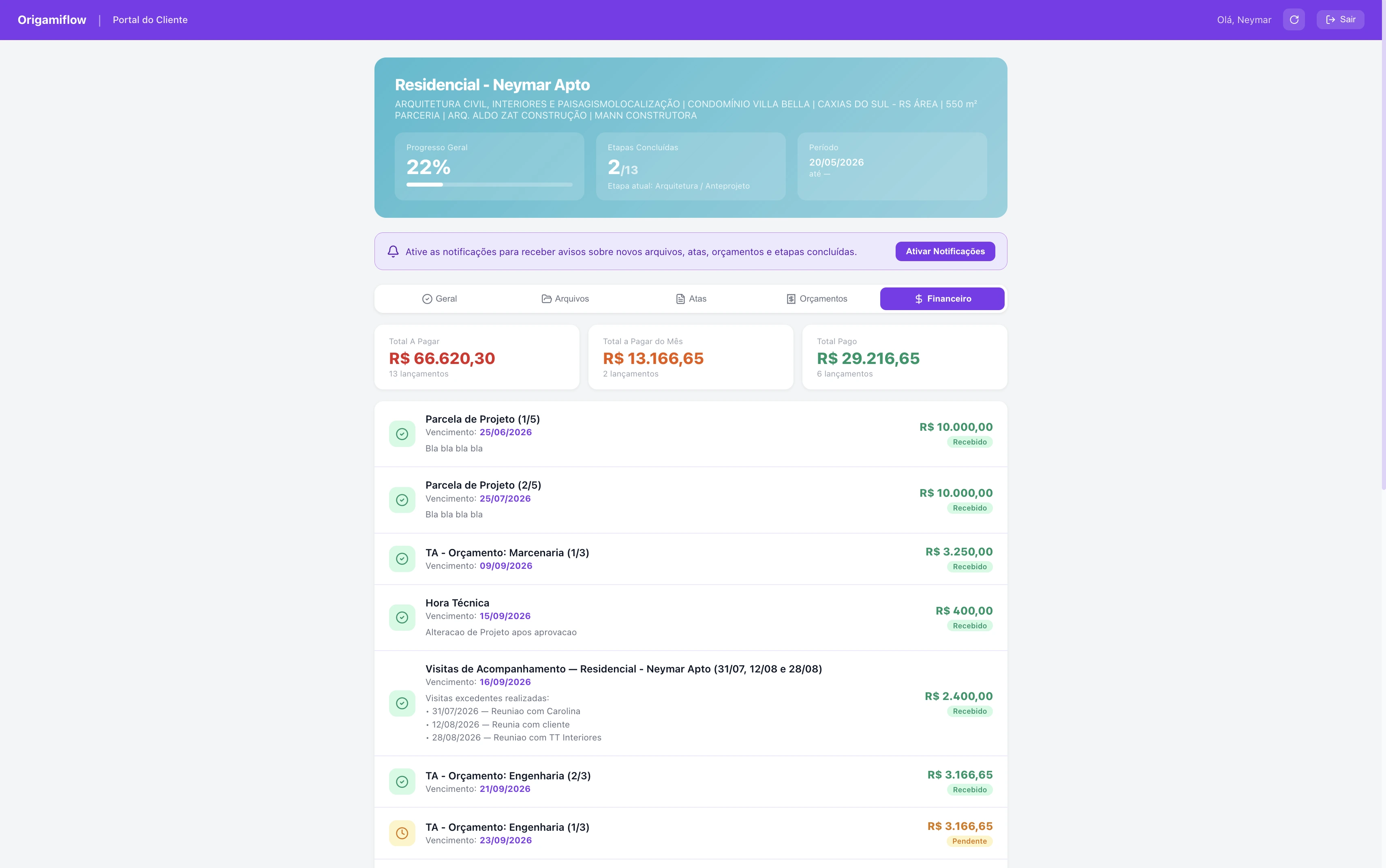Tela Portal do Cliente — Financeiro do OrigamiFlow